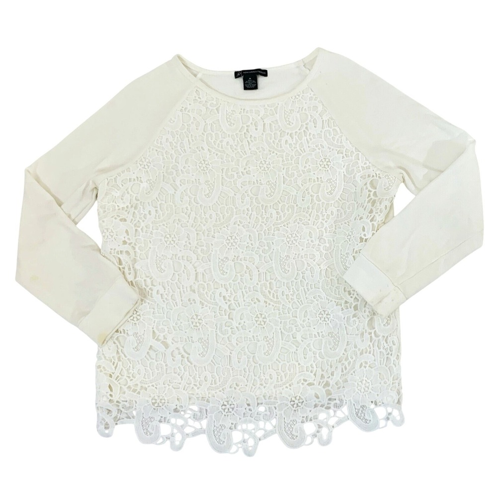 Adrianna Papell Lace Front Top‎ Women M White Ivory Long Sleeve Romantic Coastal